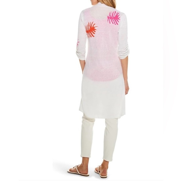 Nic + Zoe Cardigan Long Line Open Front White Pink Orange Leaf Print XS Oversize - Picture 2 of 7